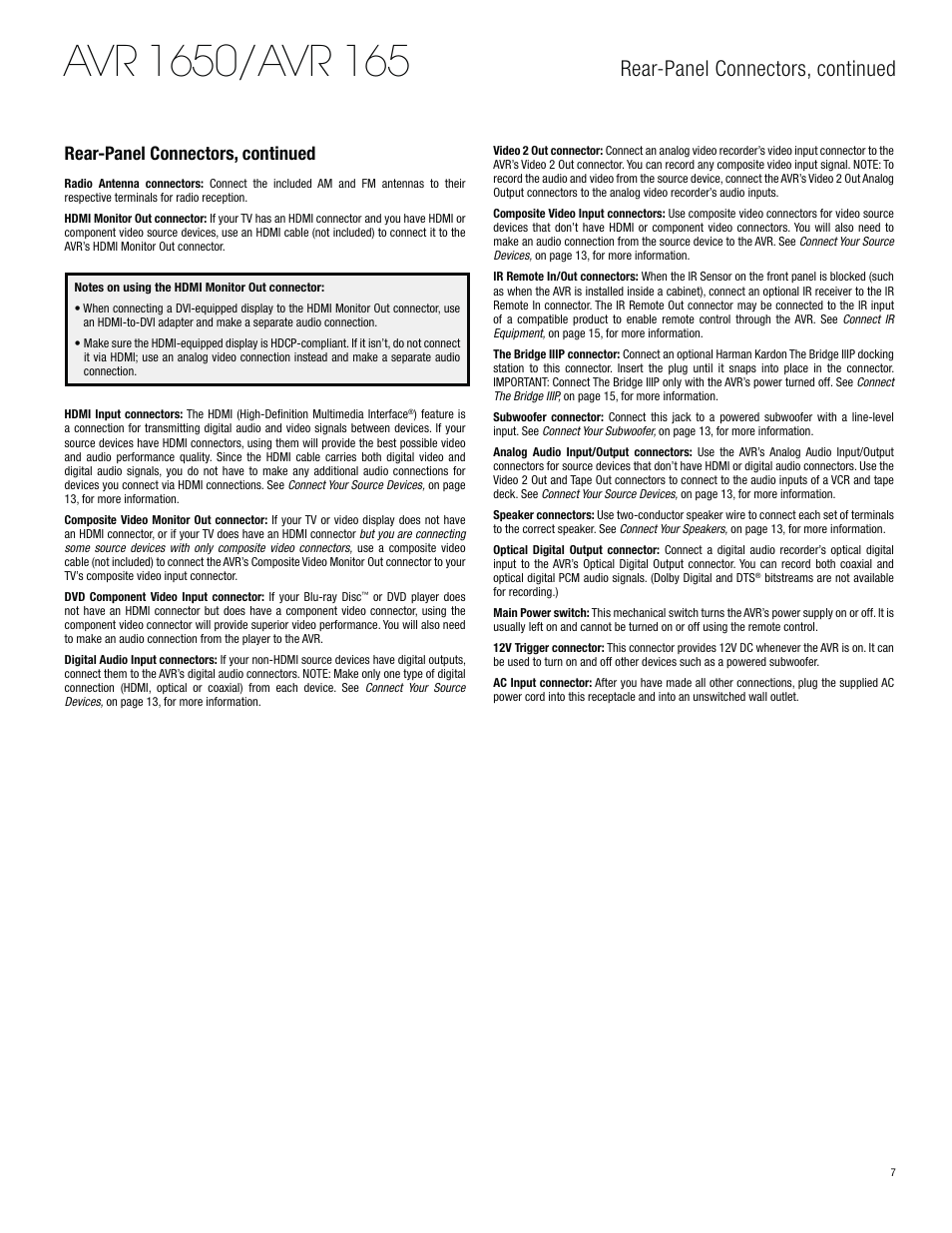 Rear-panel connectors, continued | Harman-Kardon AVR 1650 User Manual | Page 7 / 42