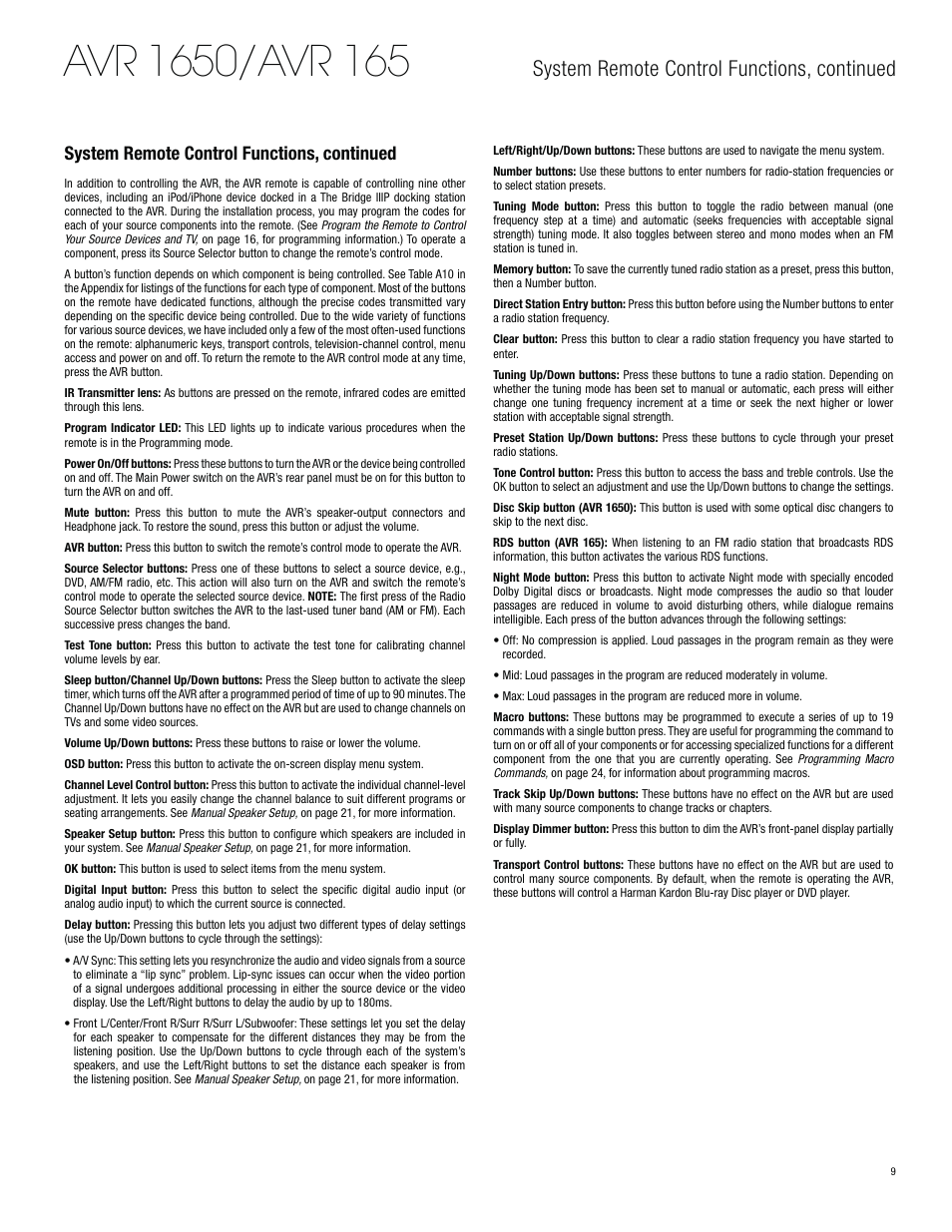System remote control functions, continued | Harman-Kardon AVR 1650 User Manual | Page 9 / 42