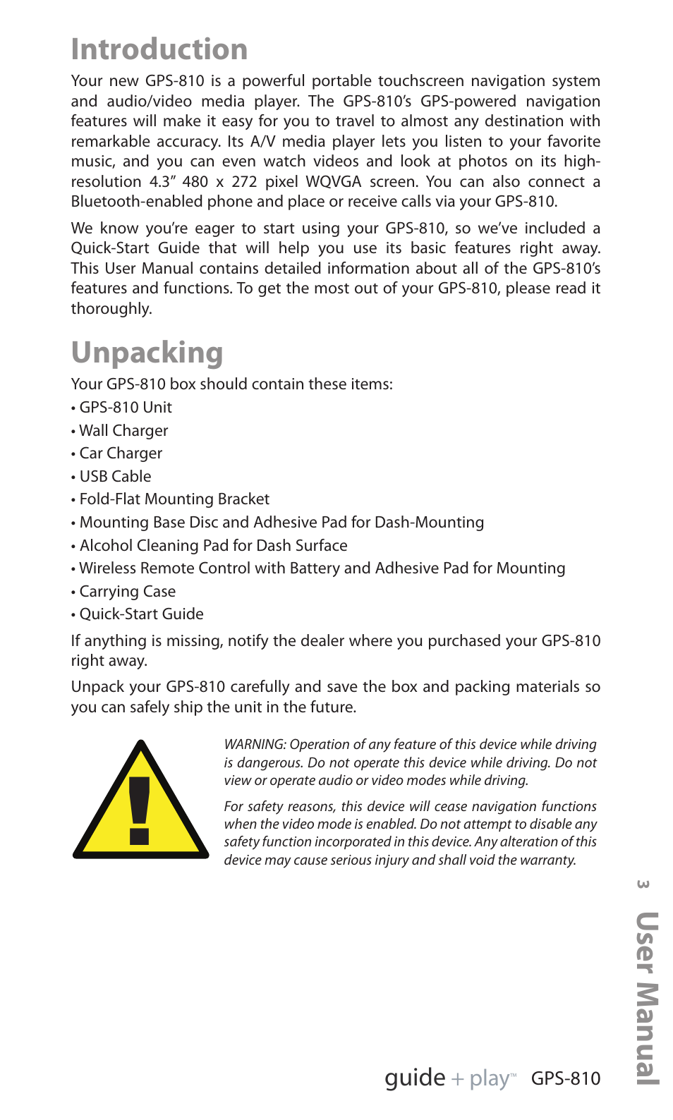 Introduction, Unpacking, User manual | Ed i u g | Harman-Kardon GPS-810 User Manual | Page 3 / 44