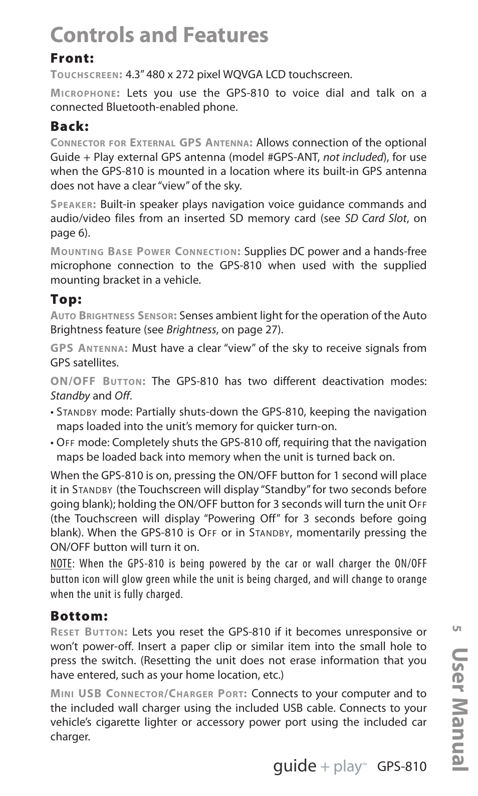 User manual, Controls and features, Ed i u g | Y a l p, Gps-810, Front, Back, Bottom | Harman-Kardon GPS-810 User Manual | Page 5 / 44