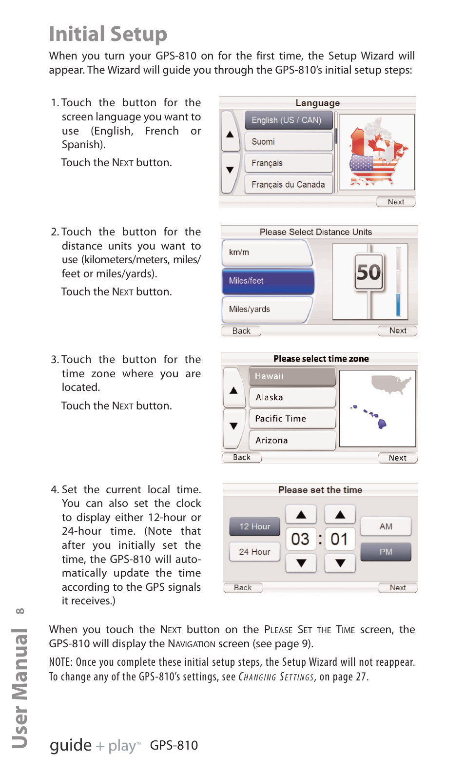 Initial setup, User manual, Ed i u g | Y a l p | Harman-Kardon GPS-810 User Manual | Page 8 / 44