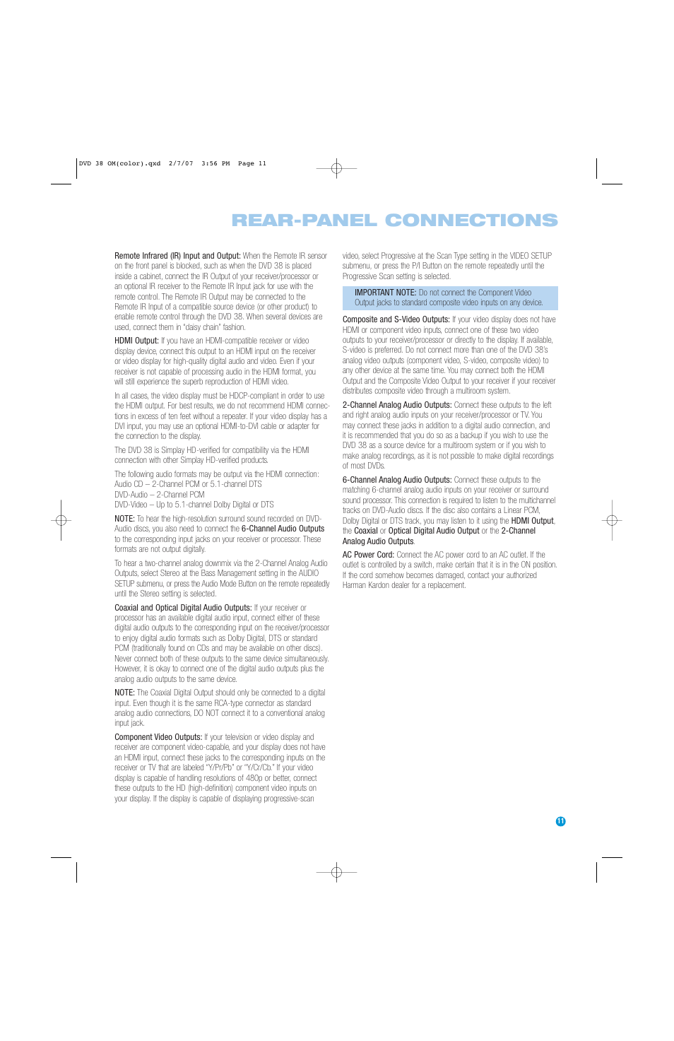 Rear-panel connections | Harman-Kardon DVD 38 User Manual | Page 11 / 52