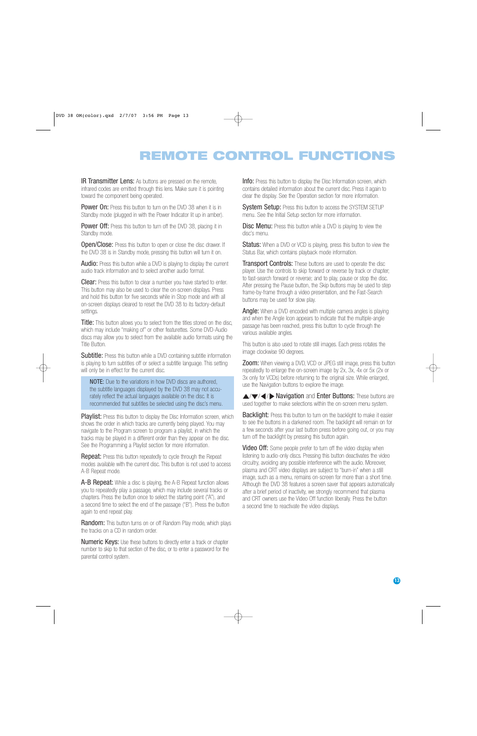 Remote control functions | Harman-Kardon DVD 38 User Manual | Page 13 / 52