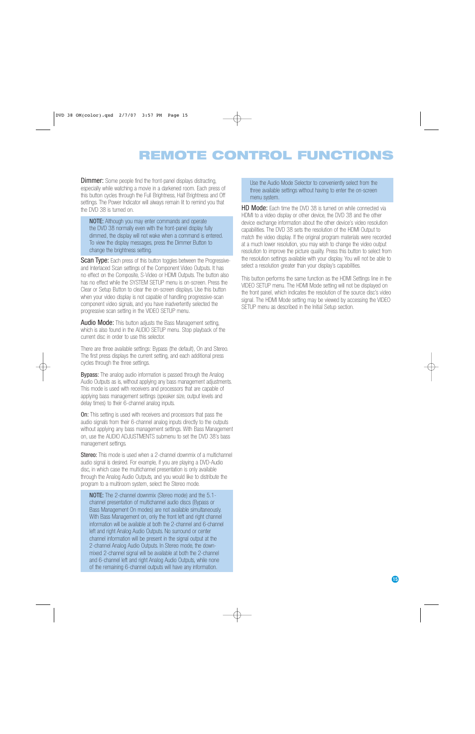 Remote control functions | Harman-Kardon DVD 38 User Manual | Page 15 / 52
