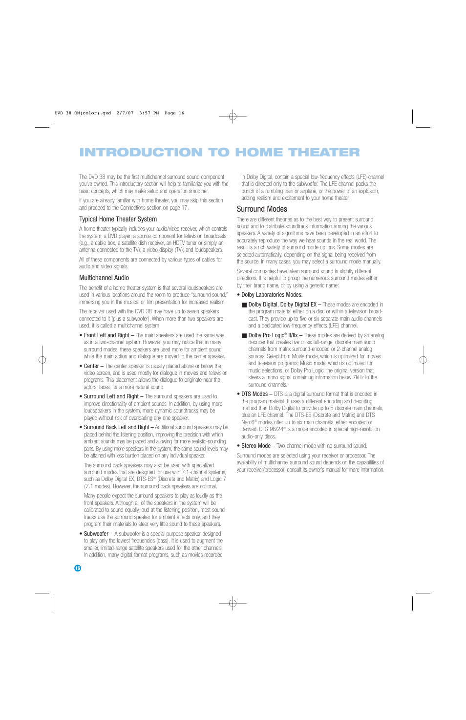 Introduction to home theater, Surround modes | Harman-Kardon DVD 38 User Manual | Page 16 / 52