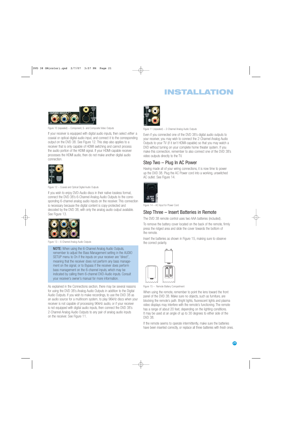Installation, Step two – plug in ac power, Step three – insert batteries in remote | Harman-Kardon DVD 38 User Manual | Page 21 / 52