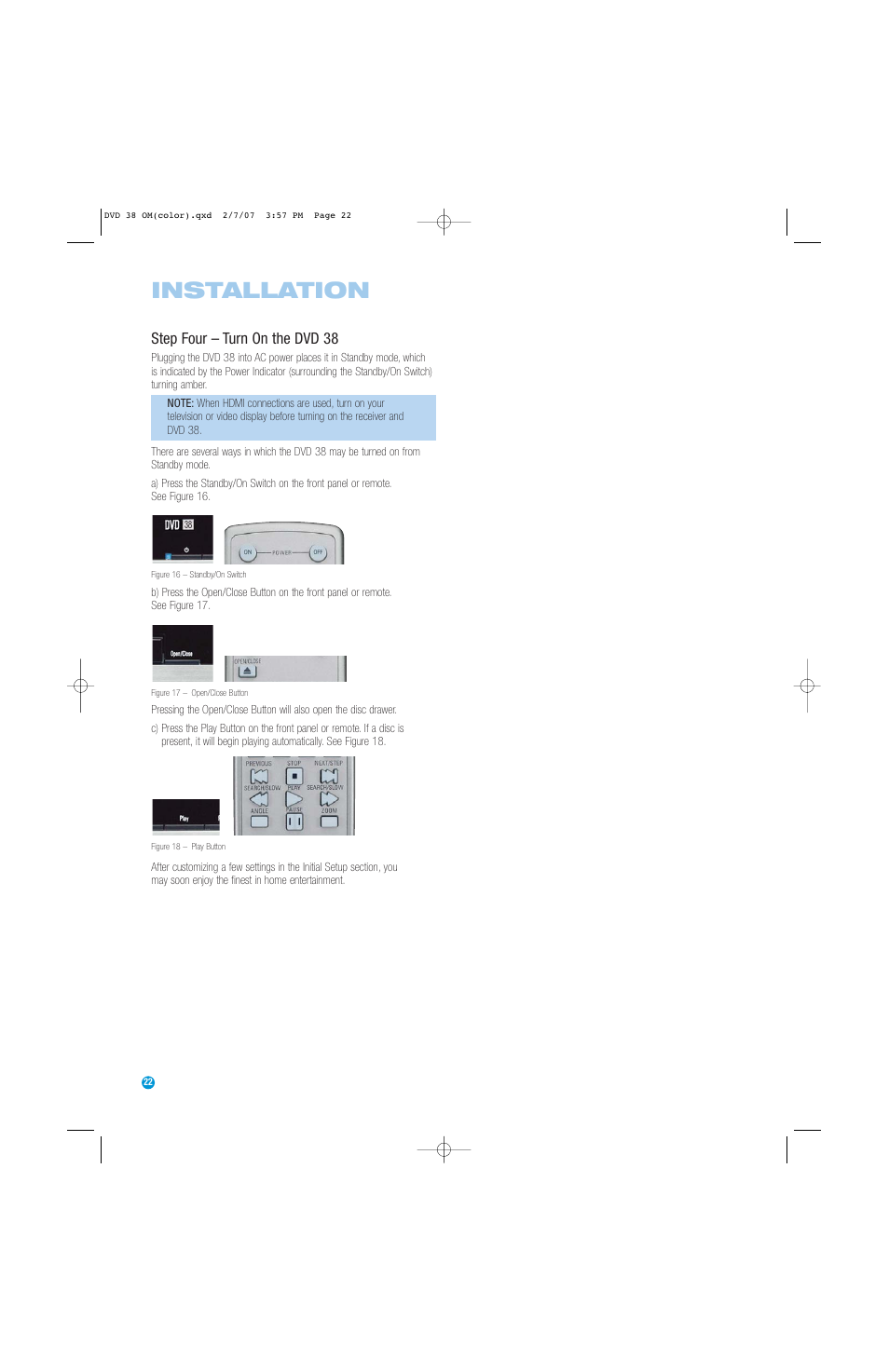 Installation, Step four – turn on the dvd 38 | Harman-Kardon DVD 38 User Manual | Page 22 / 52