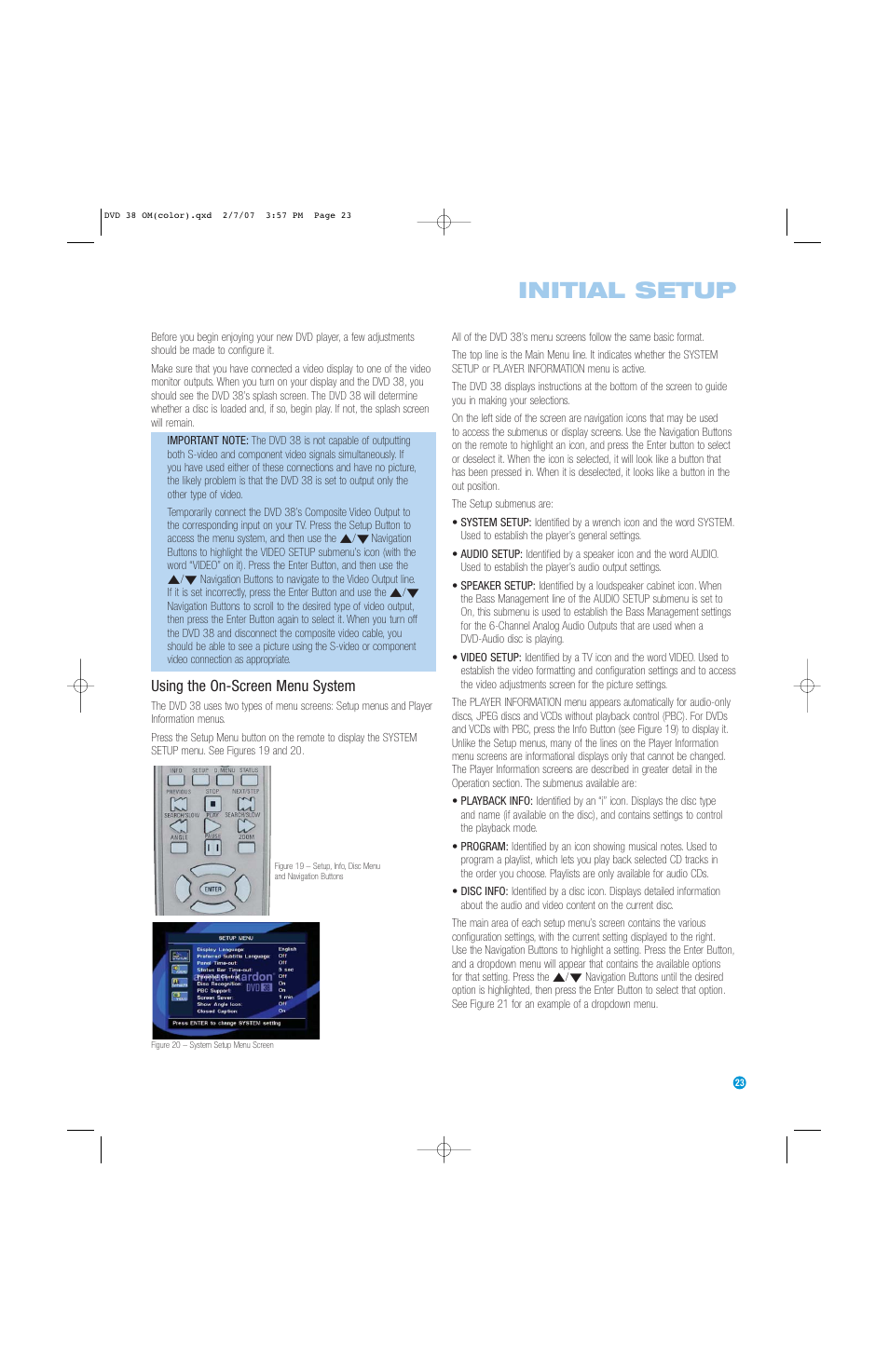 Initial setup, Using the on-screen menu system | Harman-Kardon DVD 38 User Manual | Page 23 / 52