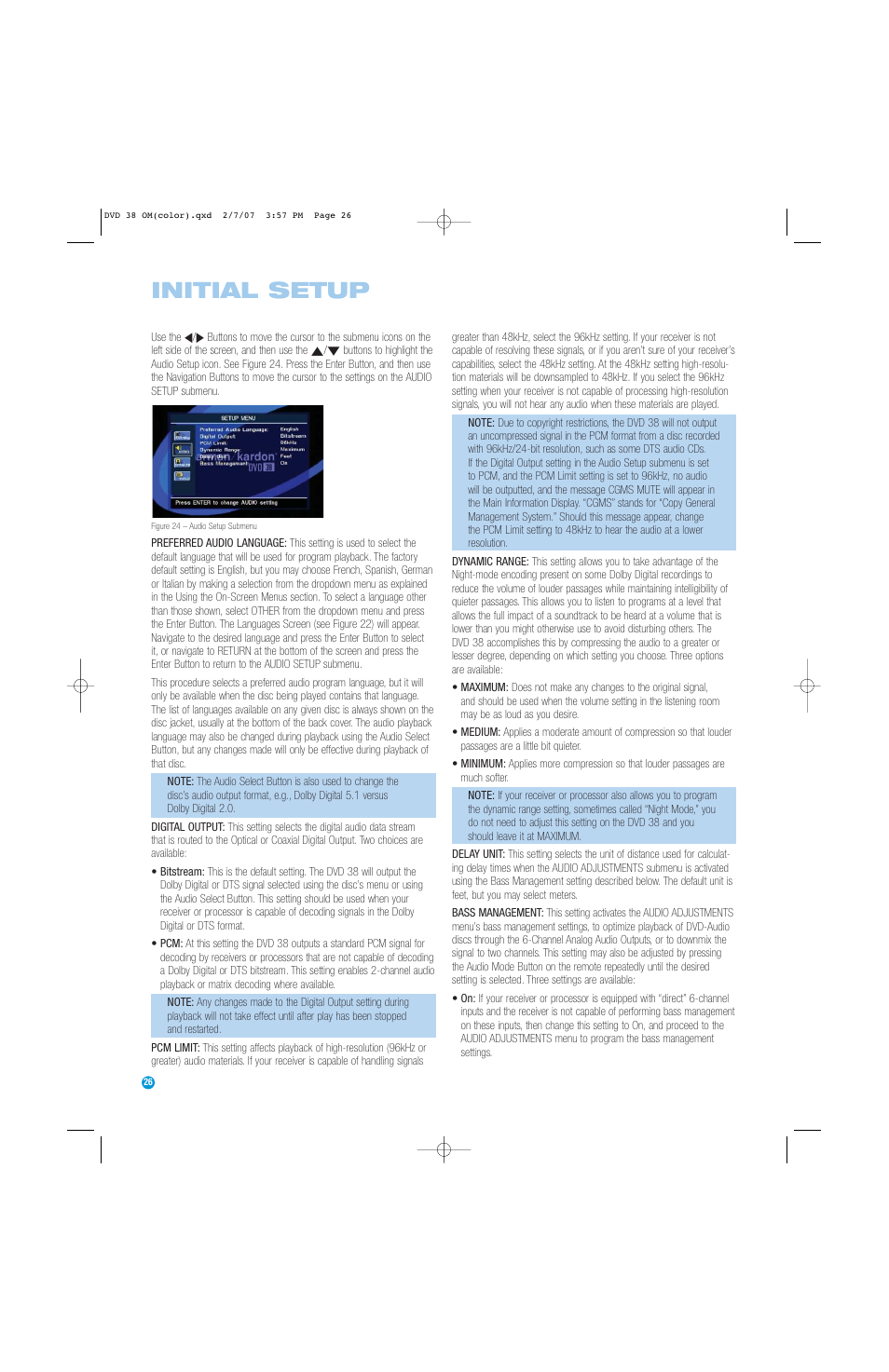 Initial setup | Harman-Kardon DVD 38 User Manual | Page 26 / 52