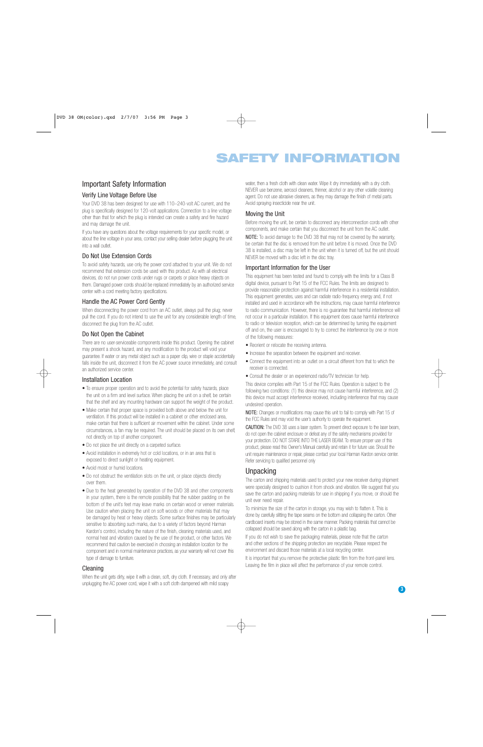Safety information, Important safety information, Unpacking | Harman-Kardon DVD 38 User Manual | Page 3 / 52