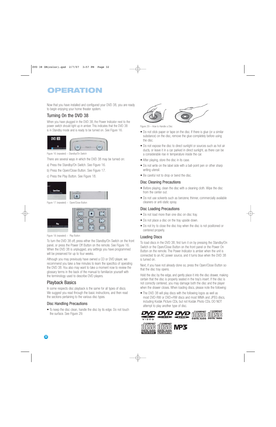 Operation, Turning on the dvd 38, Playback basics | Harman-Kardon DVD 38 User Manual | Page 32 / 52