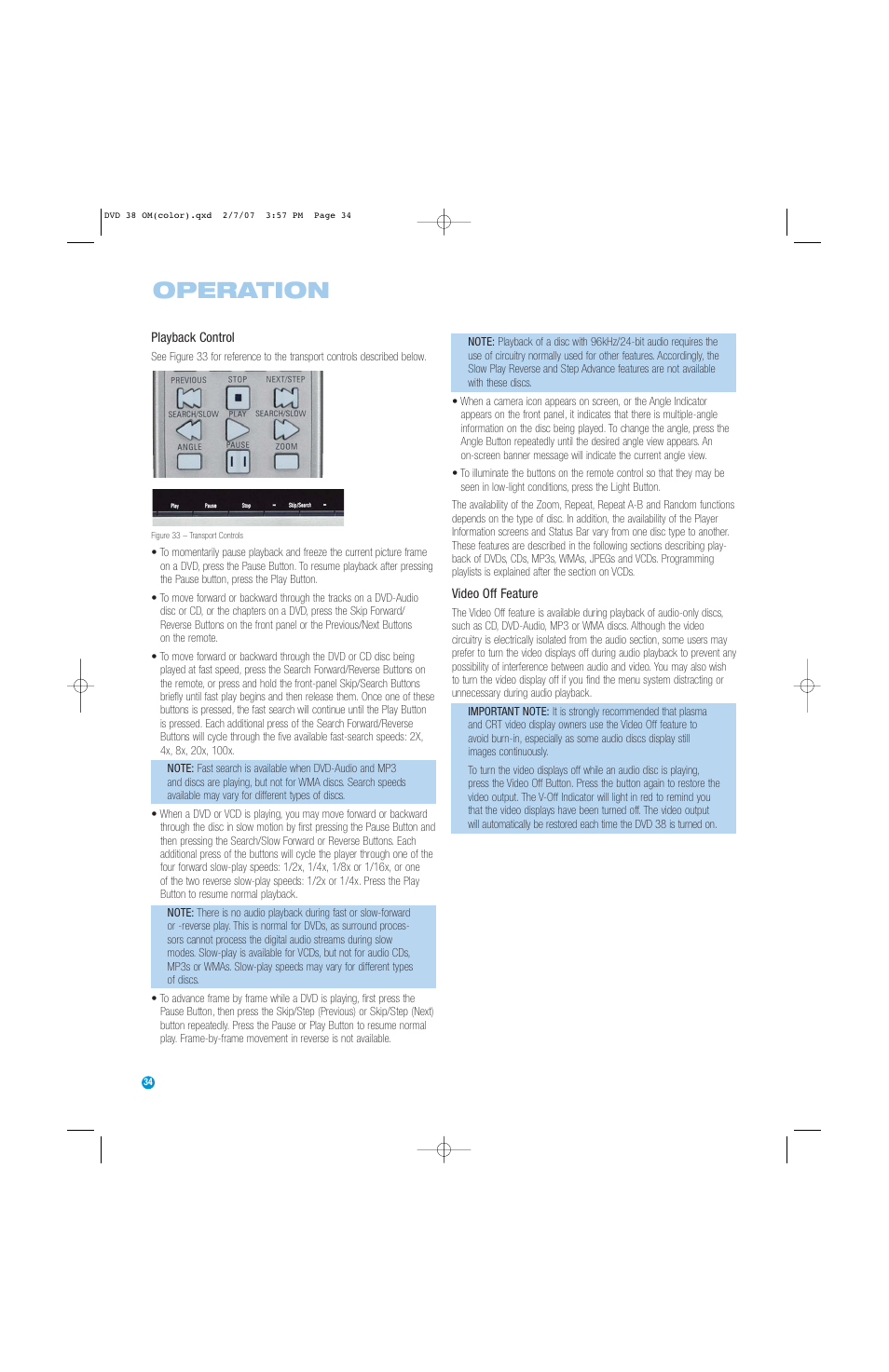 Operation | Harman-Kardon DVD 38 User Manual | Page 34 / 52