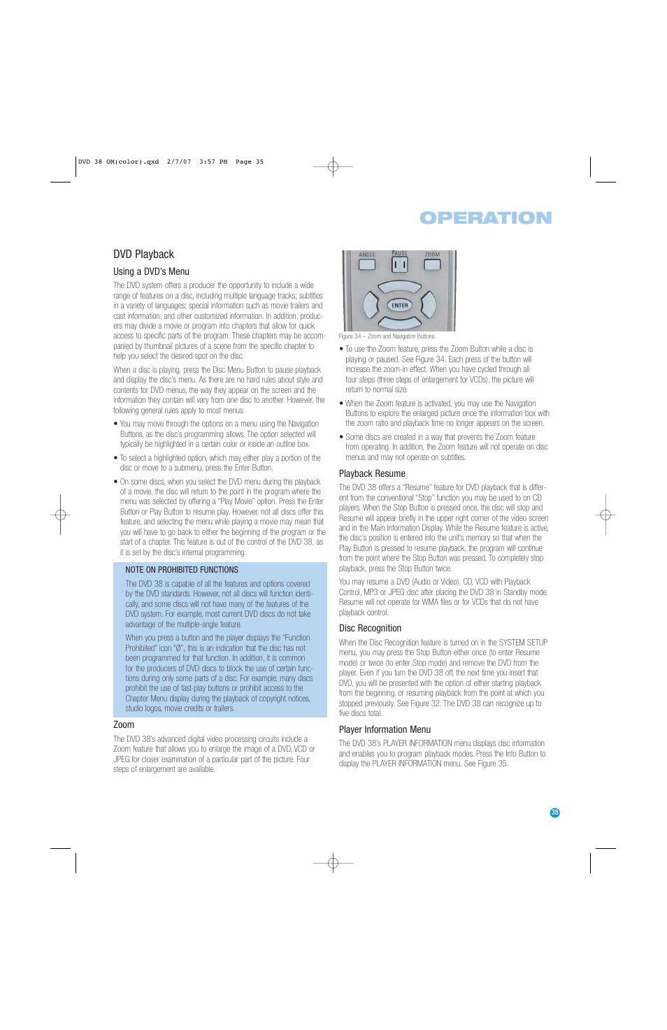 Operation | Harman-Kardon DVD 38 User Manual | Page 35 / 52
