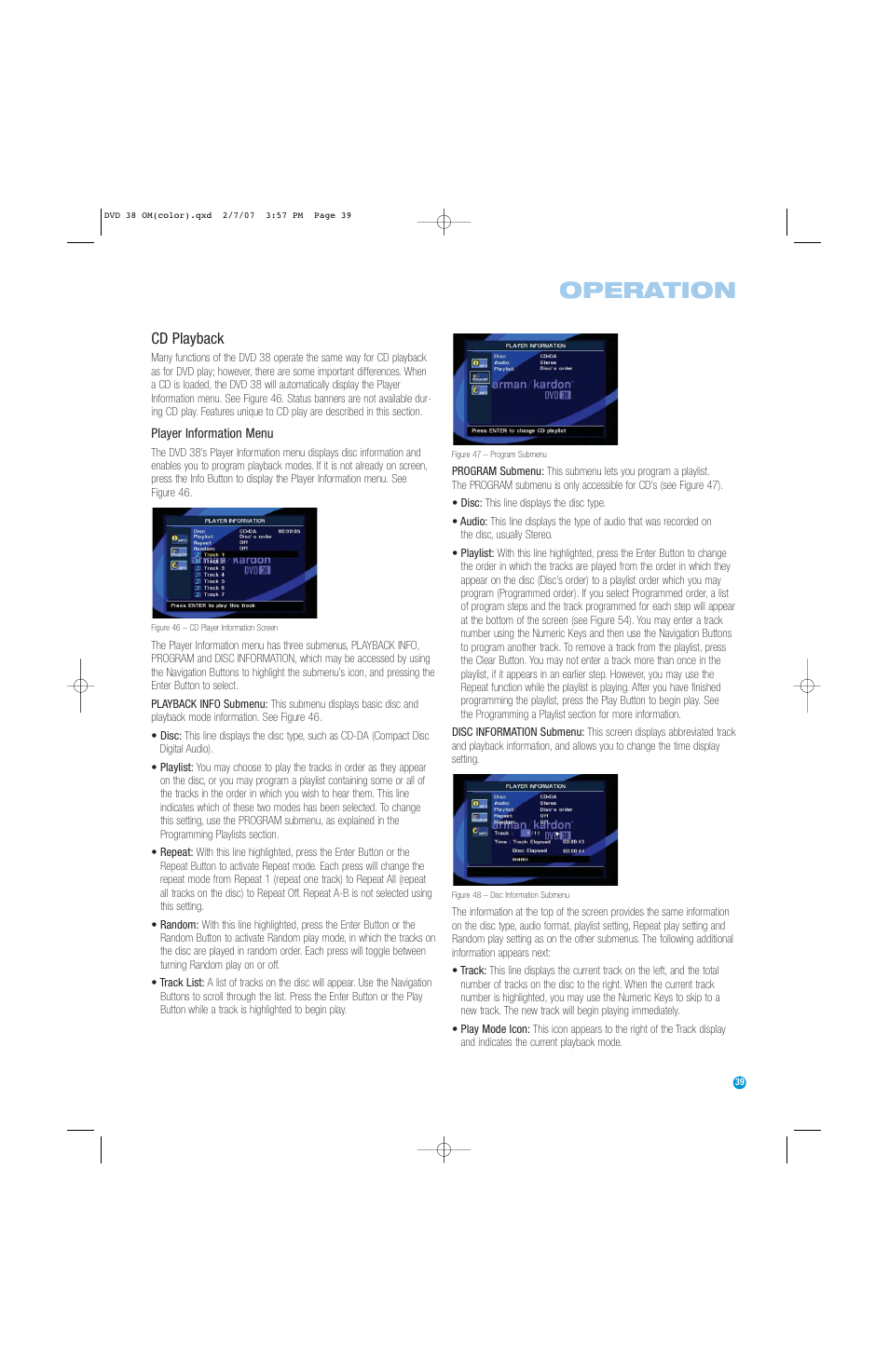 Operation, Cd playback | Harman-Kardon DVD 38 User Manual | Page 39 / 52