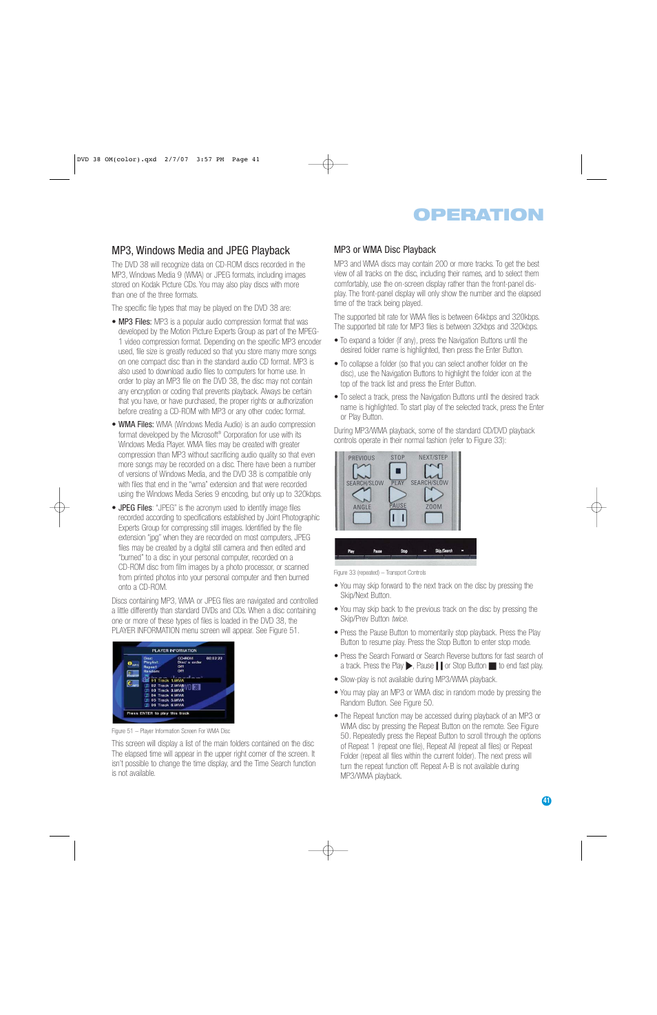 Operation, Mp3, windows media and jpeg playback | Harman-Kardon DVD 38 User Manual | Page 41 / 52