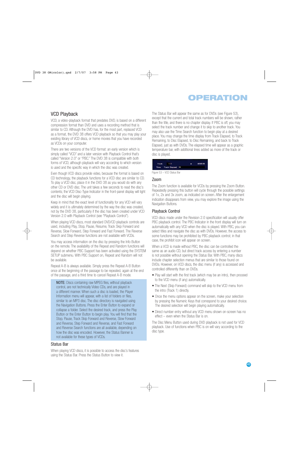Operation, Vcd playback | Harman-Kardon DVD 38 User Manual | Page 43 / 52