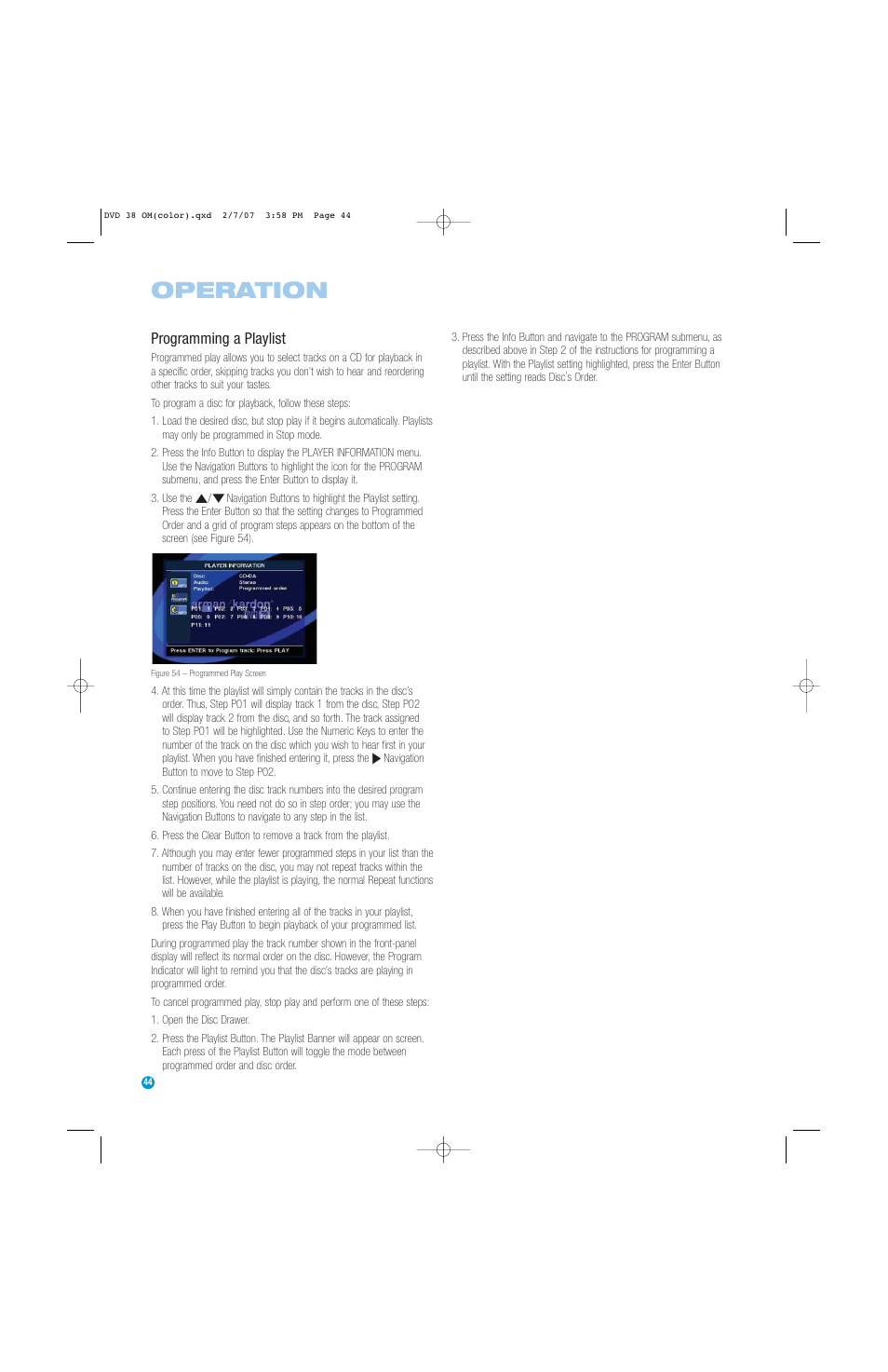 Operation, Programming a playlist | Harman-Kardon DVD 38 User Manual | Page 44 / 52