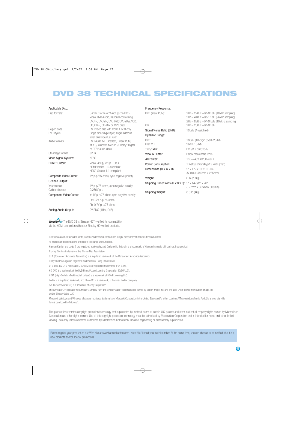 Dvd 38 technical specifications | Harman-Kardon DVD 38 User Manual | Page 47 / 52