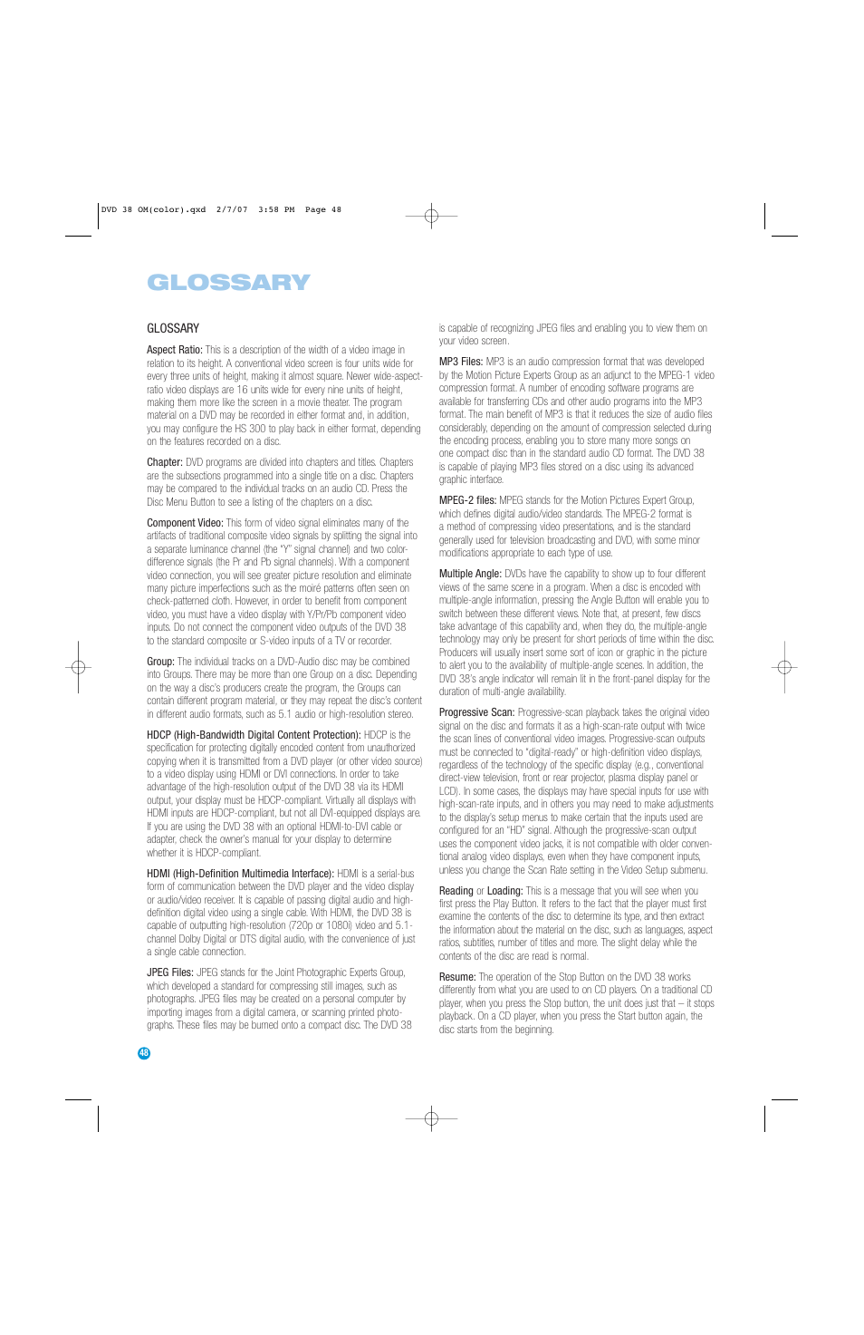 Glossary | Harman-Kardon DVD 38 User Manual | Page 48 / 52