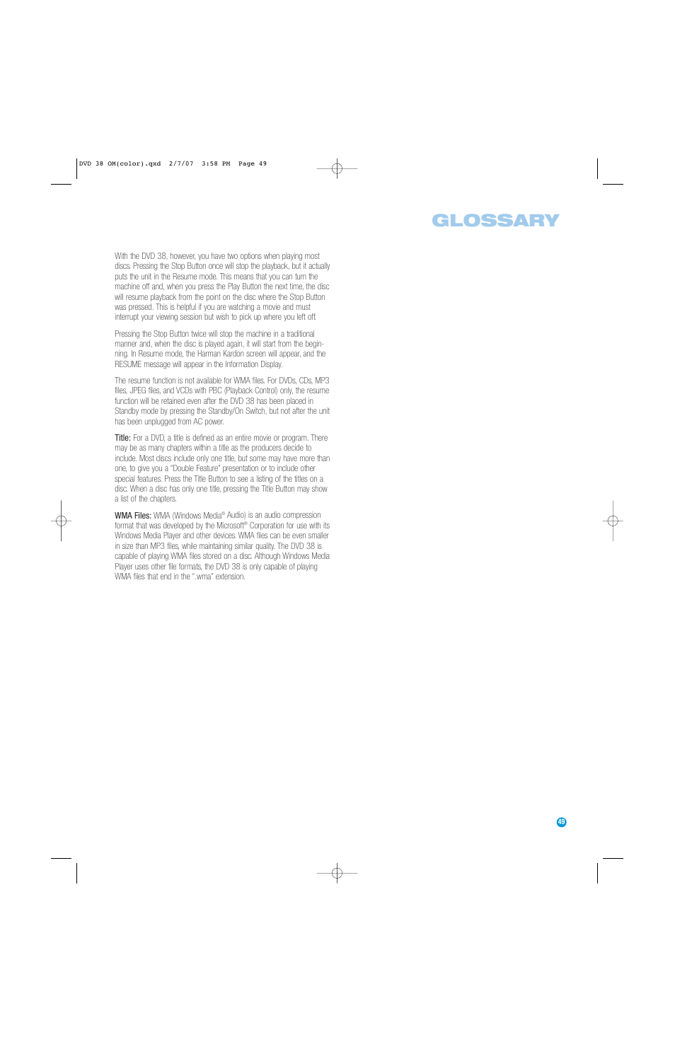 Glossary | Harman-Kardon DVD 38 User Manual | Page 49 / 52