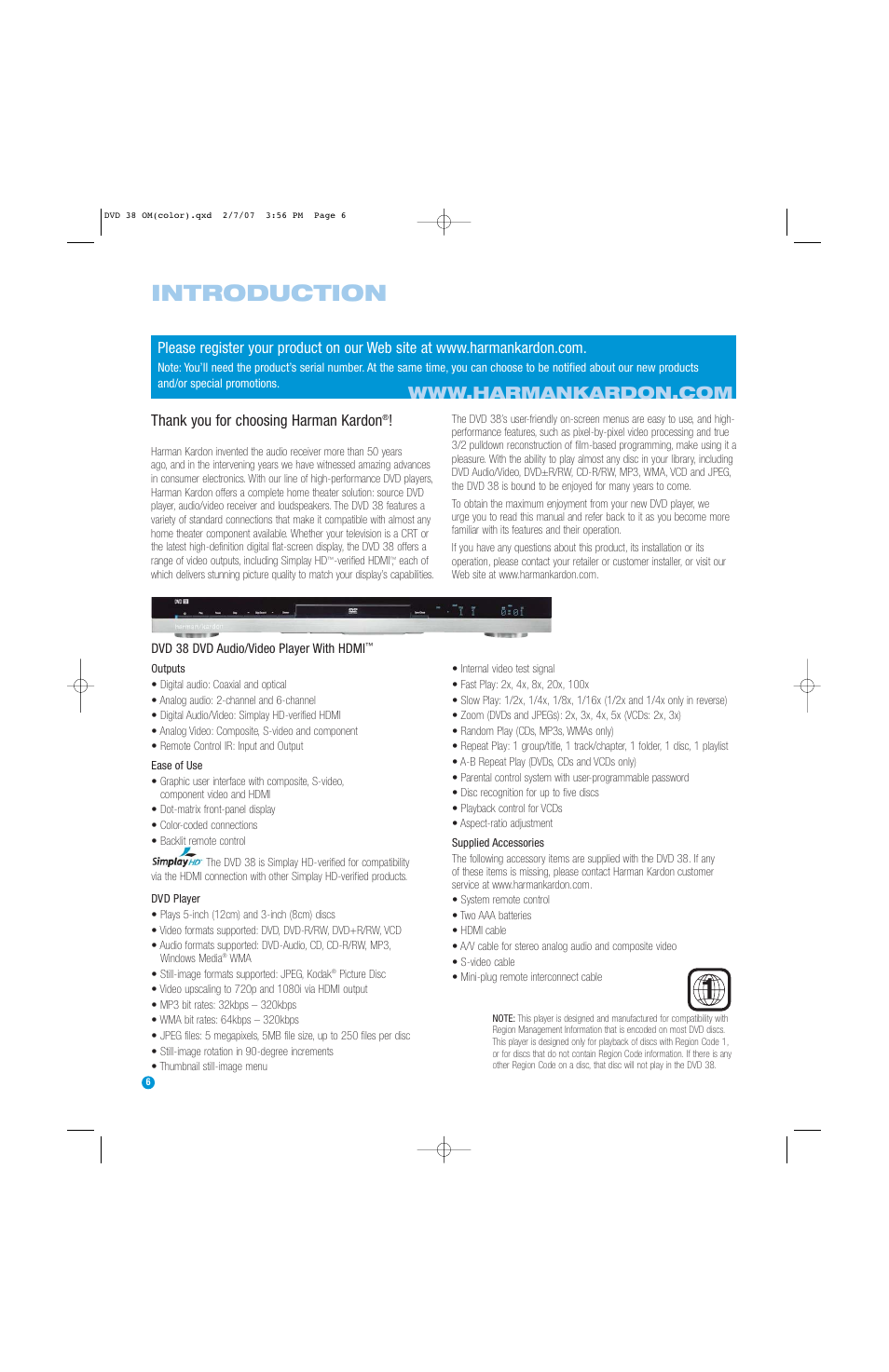 Introduction | Harman-Kardon DVD 38 User Manual | Page 6 / 52