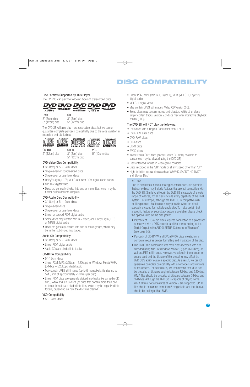 Disc compatibility | Harman-Kardon DVD 38 User Manual | Page 7 / 52