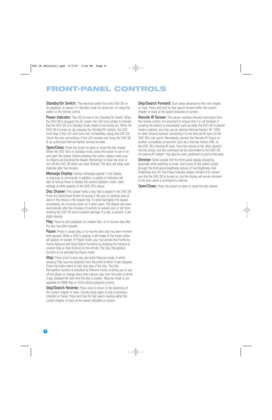 Front-panel controls | Harman-Kardon DVD 38 User Manual | Page 8 / 52