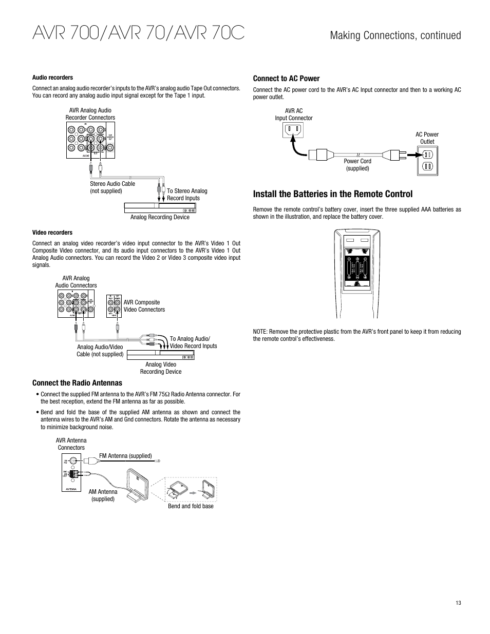 Making connections, continued, Install the batteries in the remote control | Harman-Kardon AVR 700 User Manual | Page 13 / 26