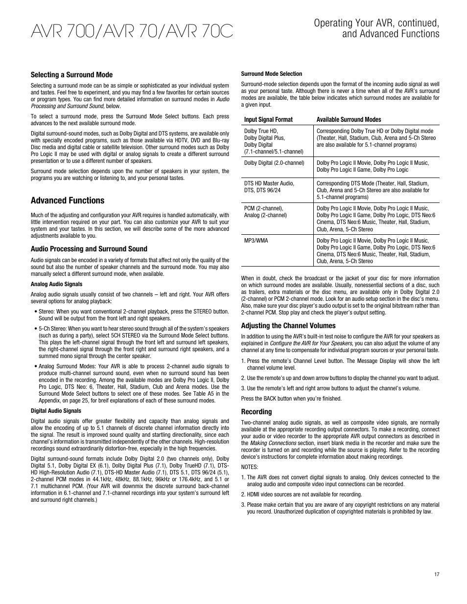 Advanced functions | Harman-Kardon AVR 700 User Manual | Page 17 / 26