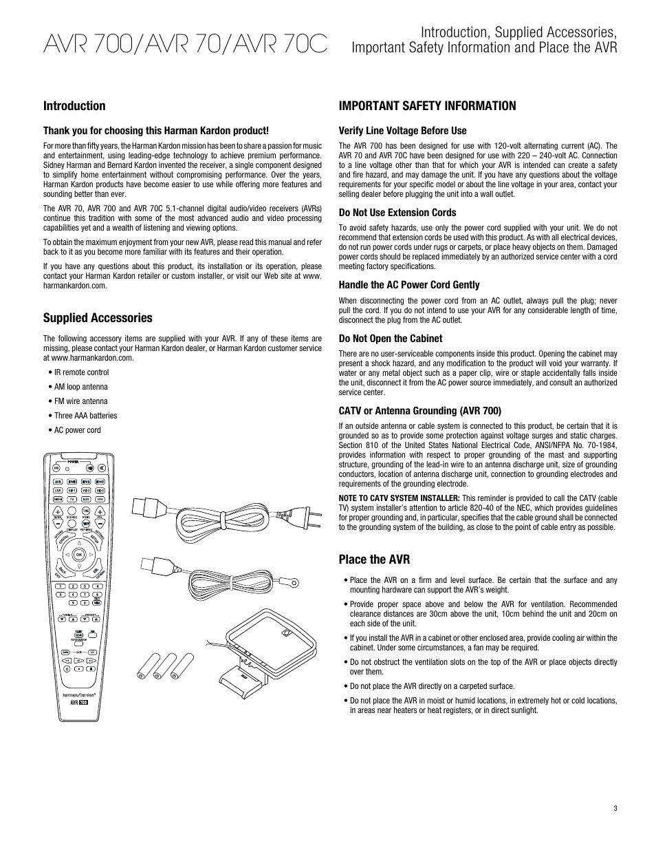Introduction, Supplied accessories, Important safety information | Place the avr | Harman-Kardon AVR 700 User Manual | Page 3 / 26