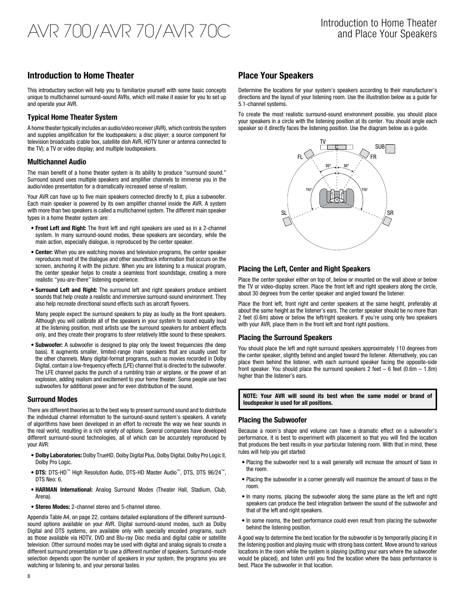 Introduction to home theater, Place your speakers | Harman-Kardon AVR 700 User Manual | Page 8 / 26