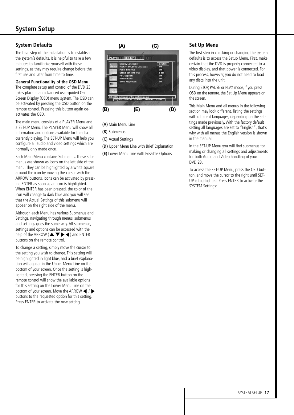 System setup | Harman-Kardon DVD 23 User Manual | Page 17 / 24
