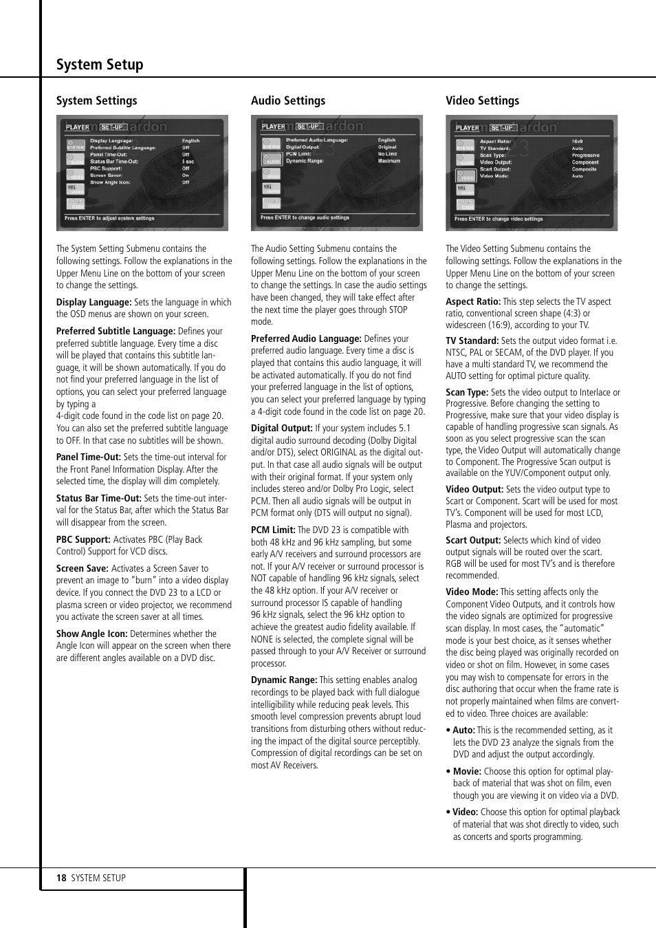 System setup | Harman-Kardon DVD 23 User Manual | Page 18 / 24