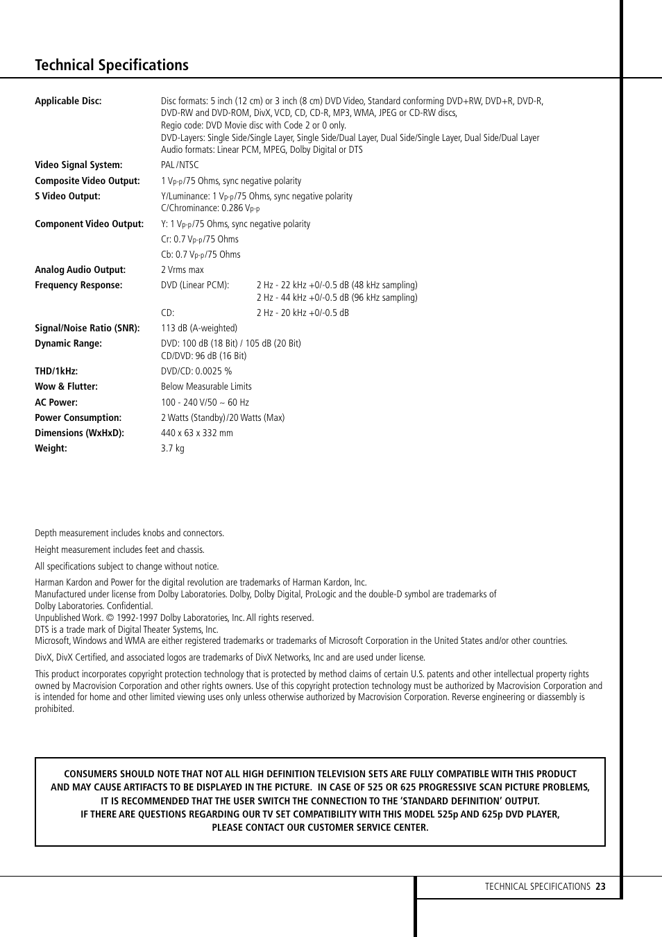Technical specifications | Harman-Kardon DVD 23 User Manual | Page 23 / 24