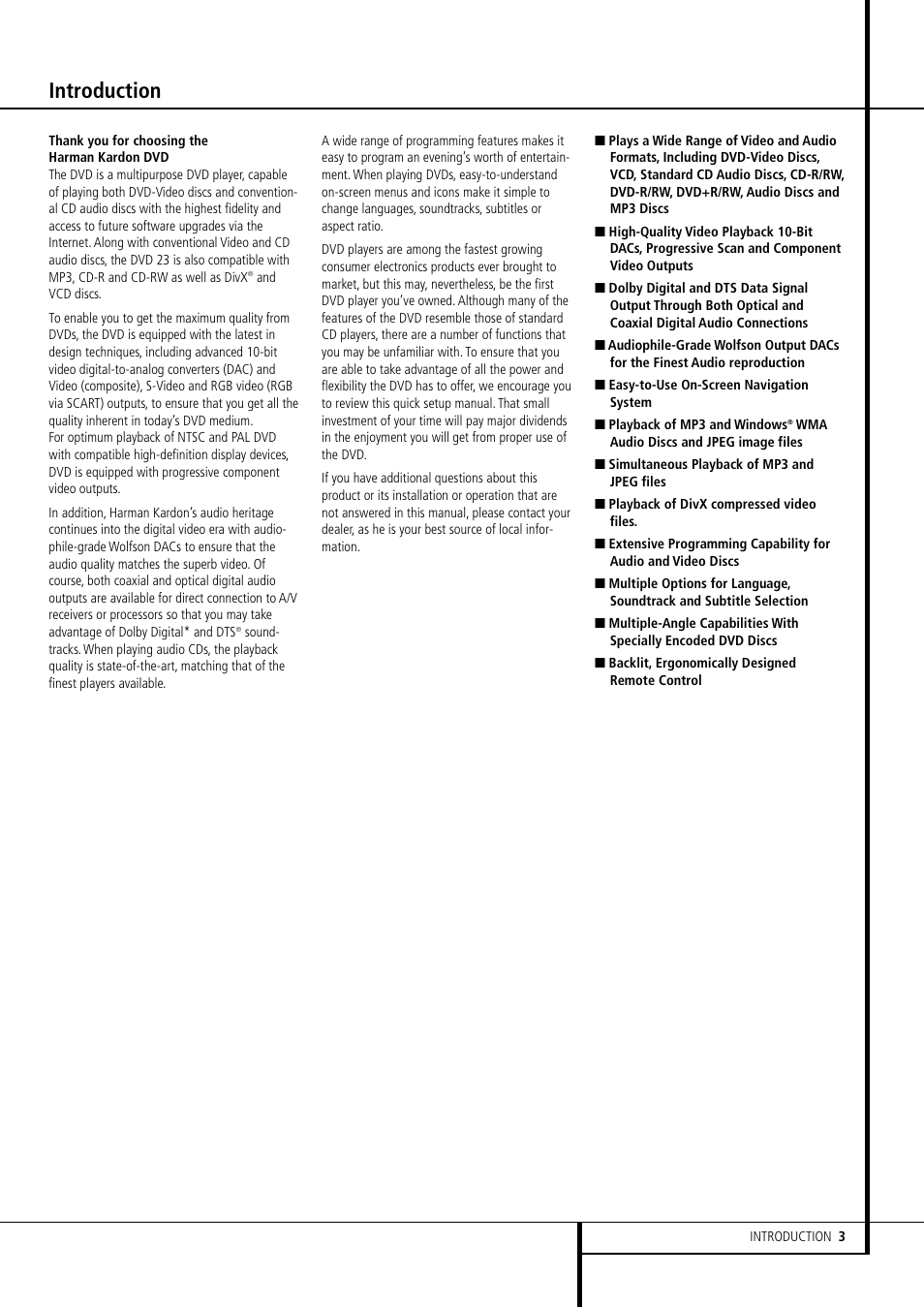 Introduction | Harman-Kardon DVD 23 User Manual | Page 3 / 24