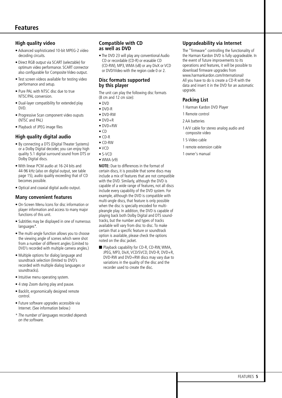Features | Harman-Kardon DVD 23 User Manual | Page 5 / 24