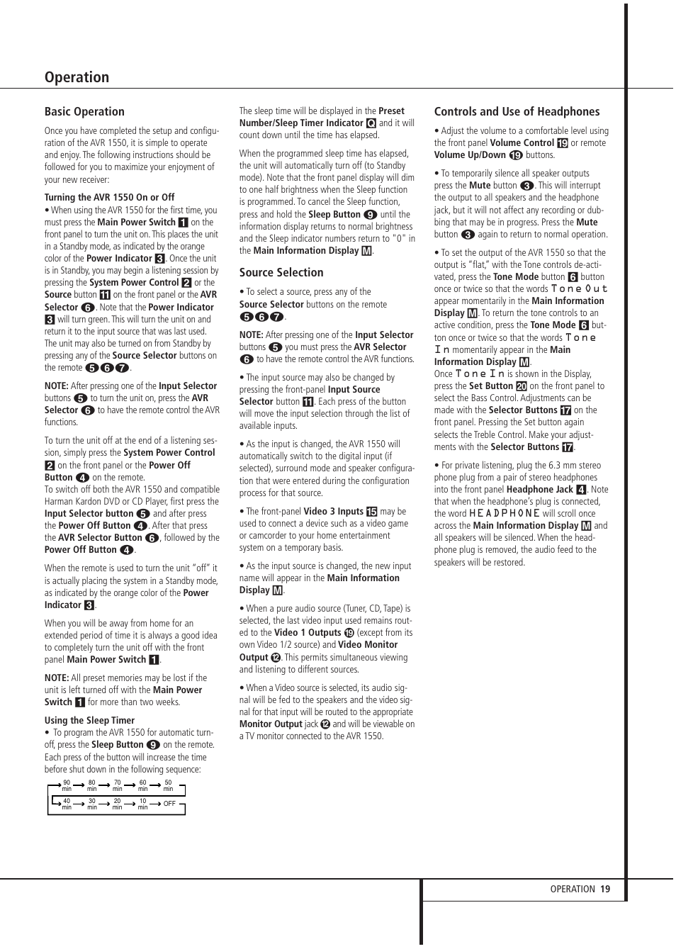 Operation, Basic operation, Source selection | Controls and use of headphones | Harman-Kardon AVR1550 User Manual | Page 19 / 30