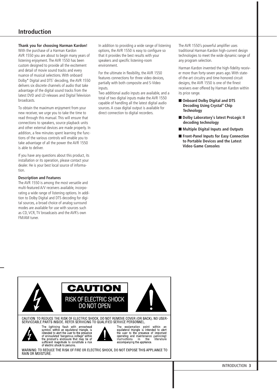 Introduction | Harman-Kardon AVR1550 User Manual | Page 3 / 30