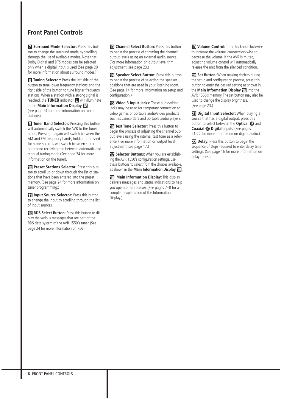 Front panel controls | Harman-Kardon AVR1550 User Manual | Page 6 / 30