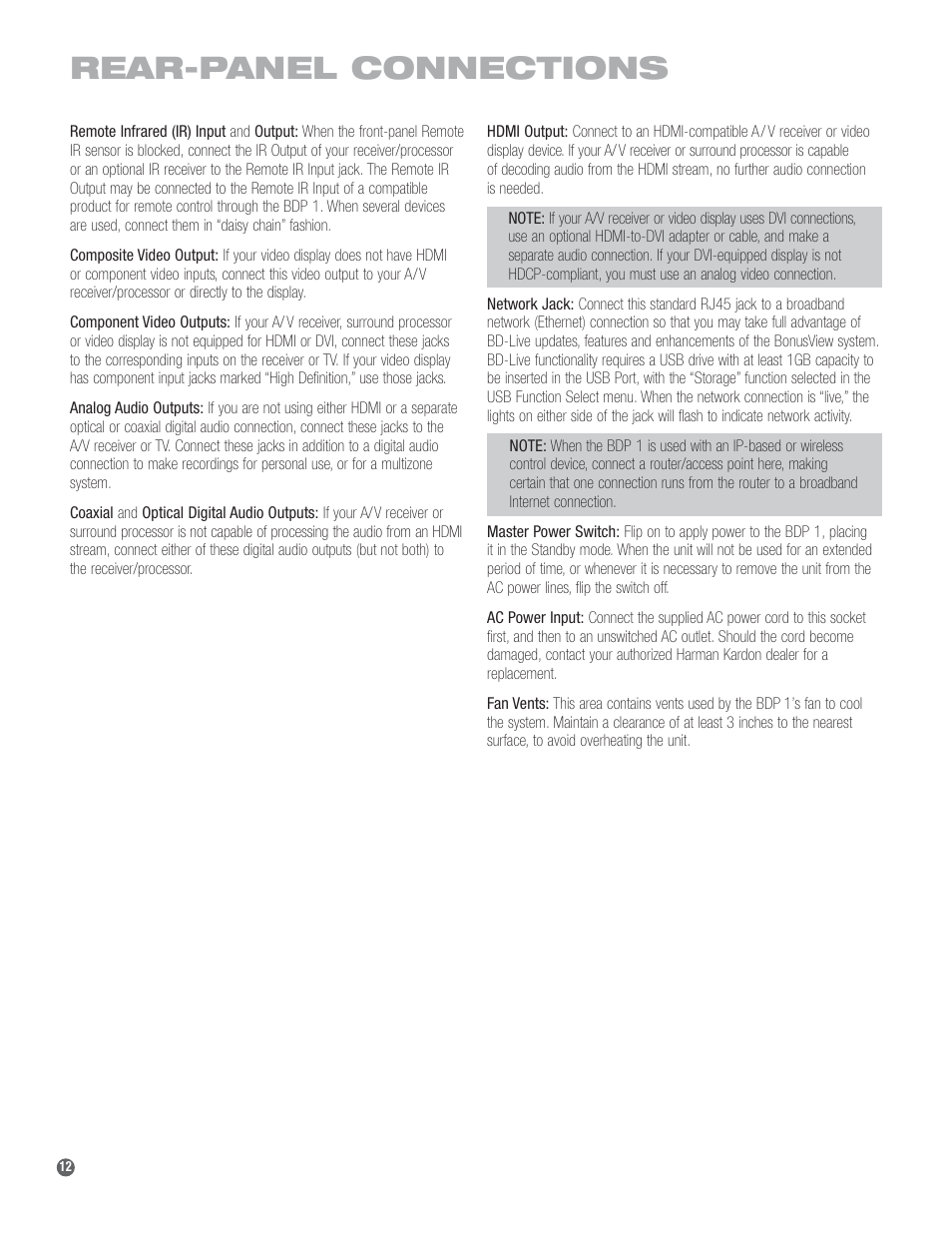 Rear-panel connections | Harman-Kardon BDP 1 User Manual | Page 12 / 33