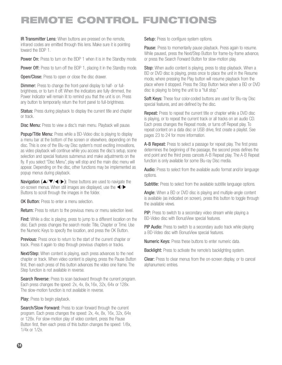 Remote control functions | Harman-Kardon BDP 1 User Manual | Page 14 / 33