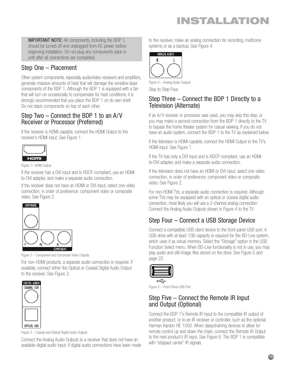 Installation, Step one – placement, Step four – connect a usb storage device | Harman-Kardon BDP 1 User Manual | Page 15 / 33