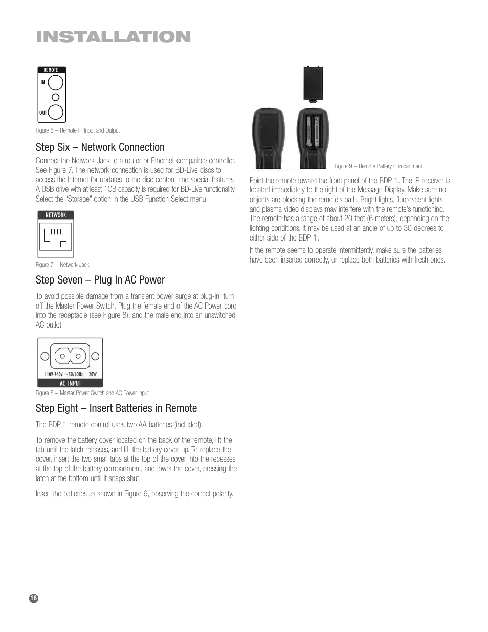 Installation, Step six – network connection, Step seven – plug in ac power | Step eight – insert batteries in remote | Harman-Kardon BDP 1 User Manual | Page 16 / 33