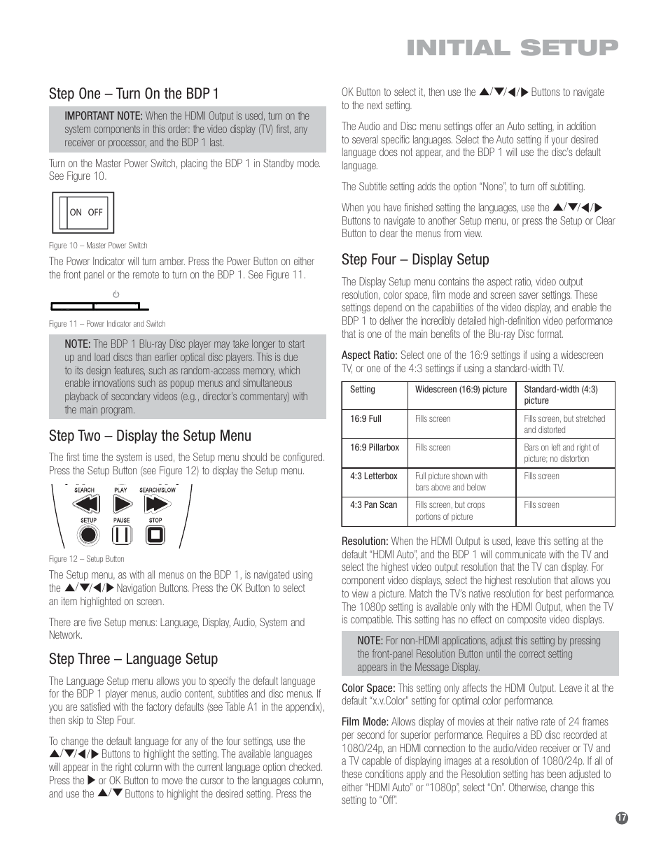 Initial setup, Step one – turn on the bdp 1, Step two – display the setup menu | Step three – language setup, Step four – display setup | Harman-Kardon BDP 1 User Manual | Page 17 / 33