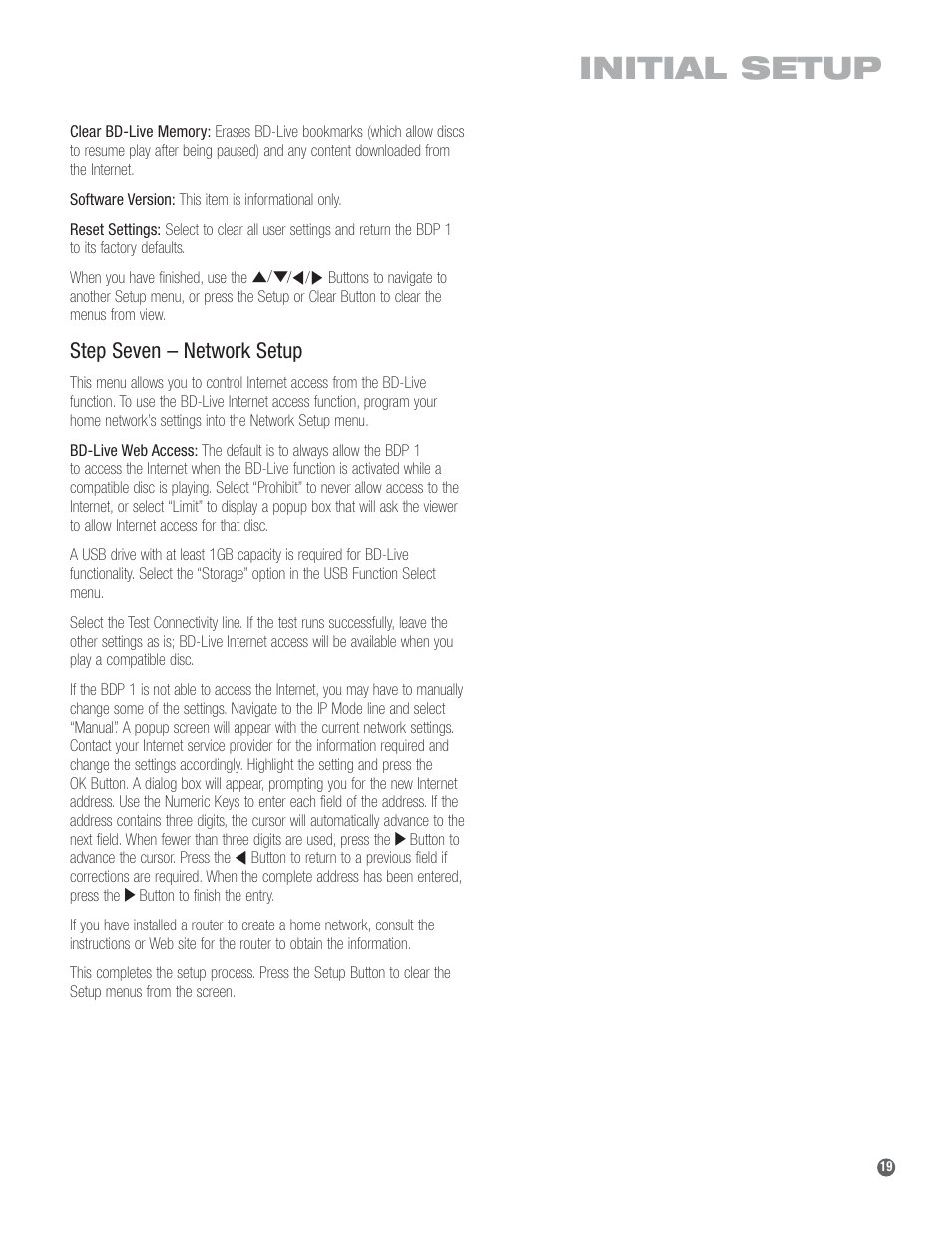 Initial setup, Step seven – network setup | Harman-Kardon BDP 1 User Manual | Page 19 / 33