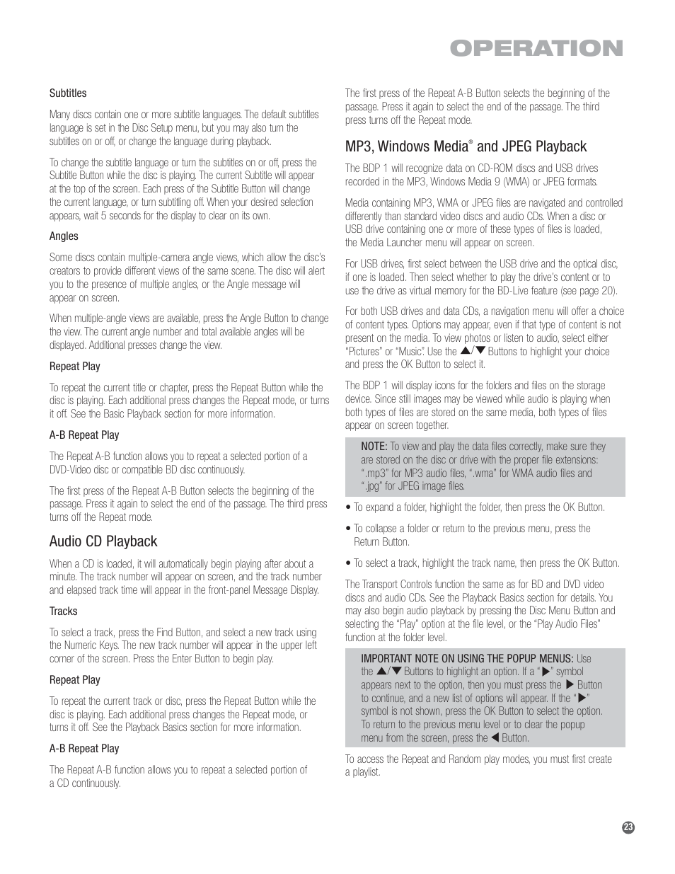 Operation, Audio cd playback, Mp3, windows media | And jpeg playback | Harman-Kardon BDP 1 User Manual | Page 23 / 33