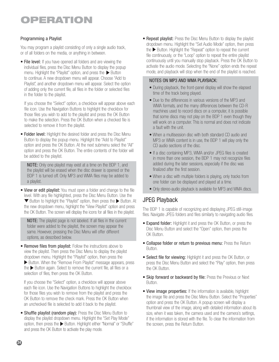 Operation, Jpeg playback | Harman-Kardon BDP 1 User Manual | Page 24 / 33