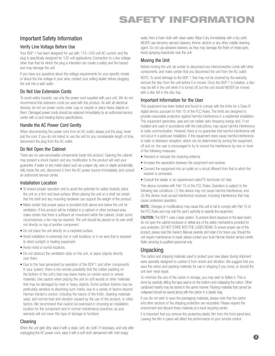Safety information, Important safety information, Unpacking | Harman-Kardon BDP 1 User Manual | Page 3 / 33