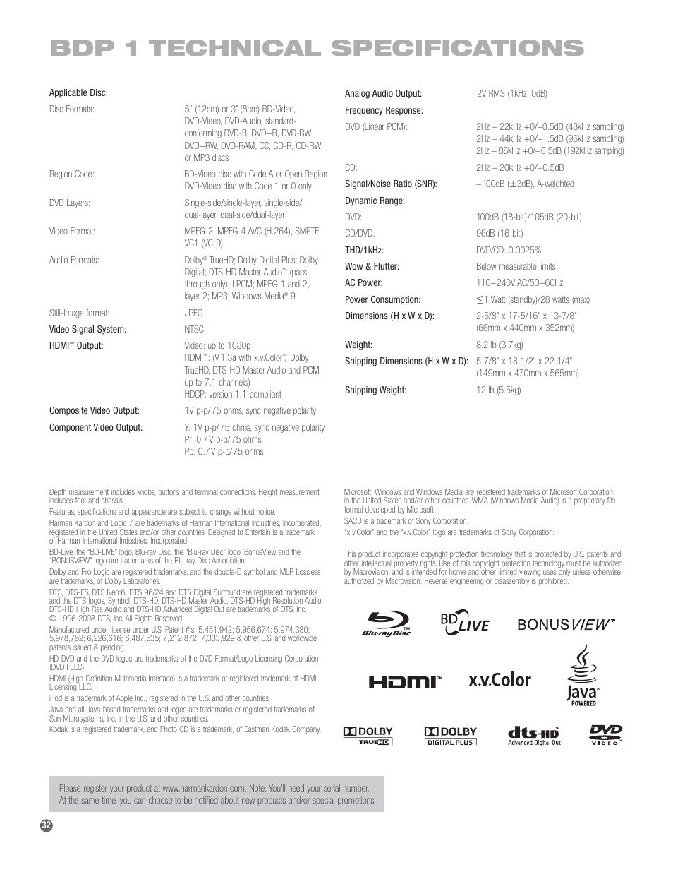 Bdp 1 technical specifications | Harman-Kardon BDP 1 User Manual | Page 32 / 33