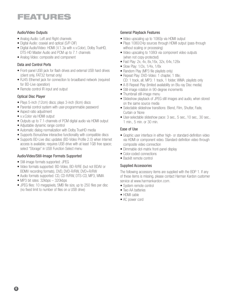Features | Harman-Kardon BDP 1 User Manual | Page 6 / 33